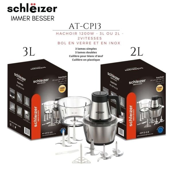 SCHLËIZER® Hachoir électrique 5 Lames en acier Inoxydable 2 bols Inox et verre