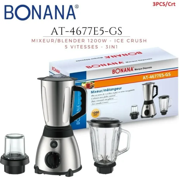 bonana Blender mixeur smoothie avec deux bols inox et verre + moulin d’épices / 5 Vitesses – 3 en 1