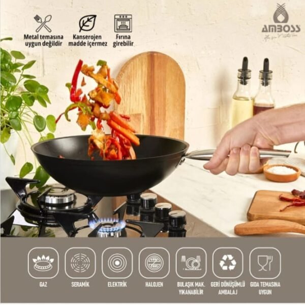 مقلاة ووك داكنة غير لاصقة من أمبوس – 28 × 8 سم