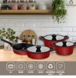 طقم أواني ومقالي فينتو من الحديد الزهر التيتانيوم، مكون من 7 قطع، باللون الأحمر