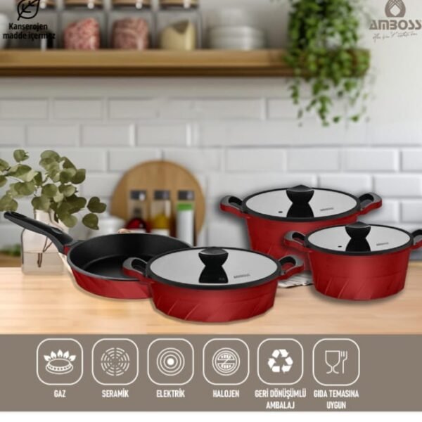 طقم أواني ومقالي فينتو من الحديد الزهر التيتانيوم، مكون من 7 قطع، باللون الأحمر