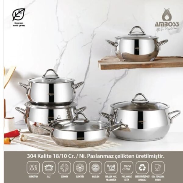 مجموعة أواني طهي AMBOSS MOON من – الاينوكس – الفولاد المقاوم للصدأ 18/10 ، مكونة من 10 قطع مع غطاء زجاجي