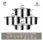 مجموعة أواني طهي AMBOSS DIAMOND من- الاينوكس – الفولاد 18/10 Cr-Ni المقاوم للصدأ، مكونة من 8 قطع، مع غطاء زجاجي