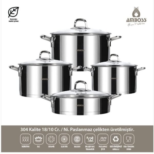 مجموعة أواني طهي AMBOSS DIAMOND من- الاينوكس – الفولاد 18/10 Cr-Ni المقاوم للصدأ، مكونة من 8 قطع، مع غطاء زجاجي
